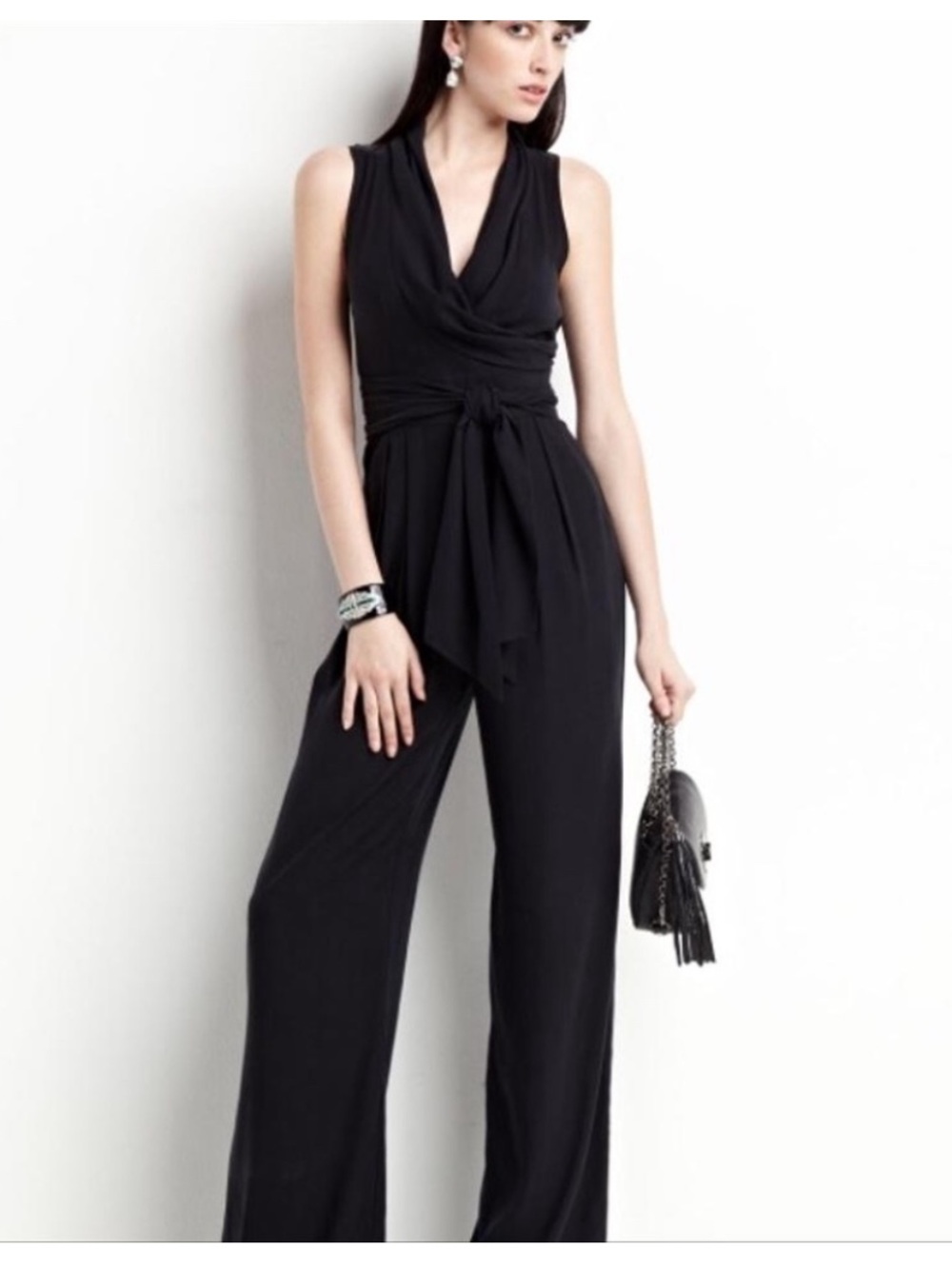 Catherine Malandrino Black Sleeveless Wrap-Front Jumpsuit with Tie Waist